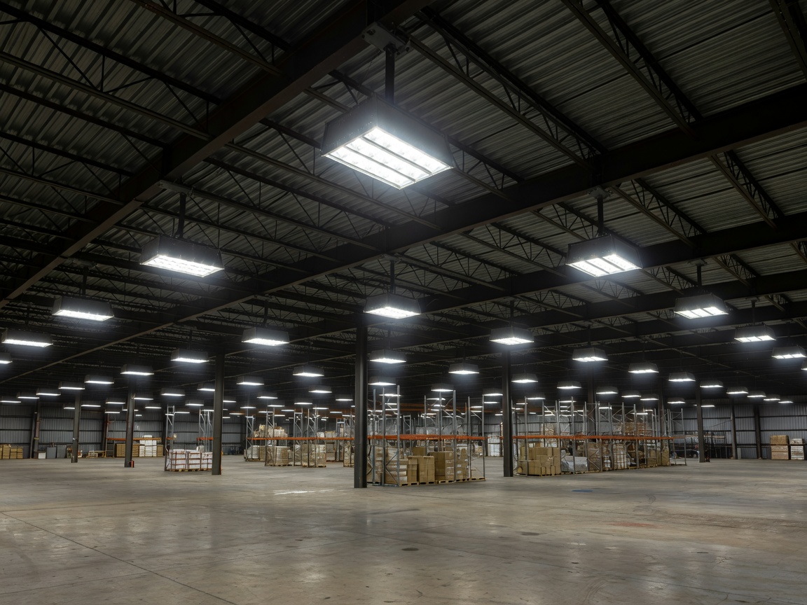 High bay LED lighting fixtures in an industrial warehouse setting
