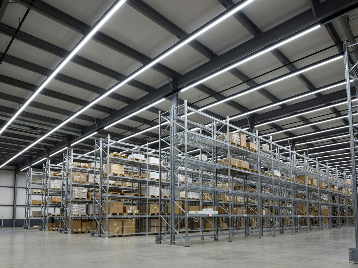 Modern linear LED lighting installed above warehouse storage racks
