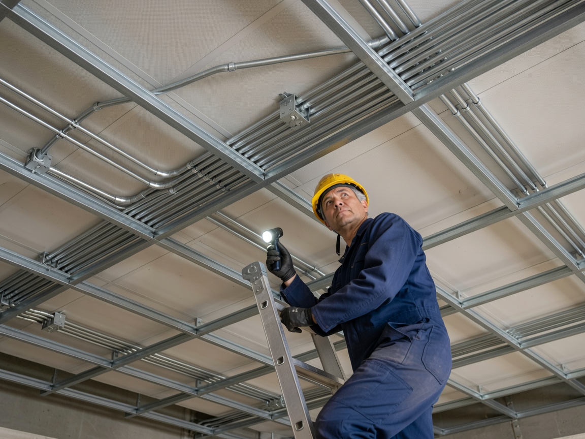 Specialist inspecting electrical conduit and ceiling grid systems