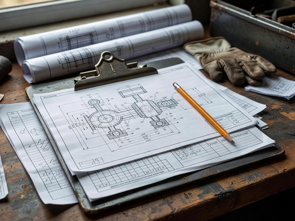 Technical blueprints and maintenance logs on a clipboard